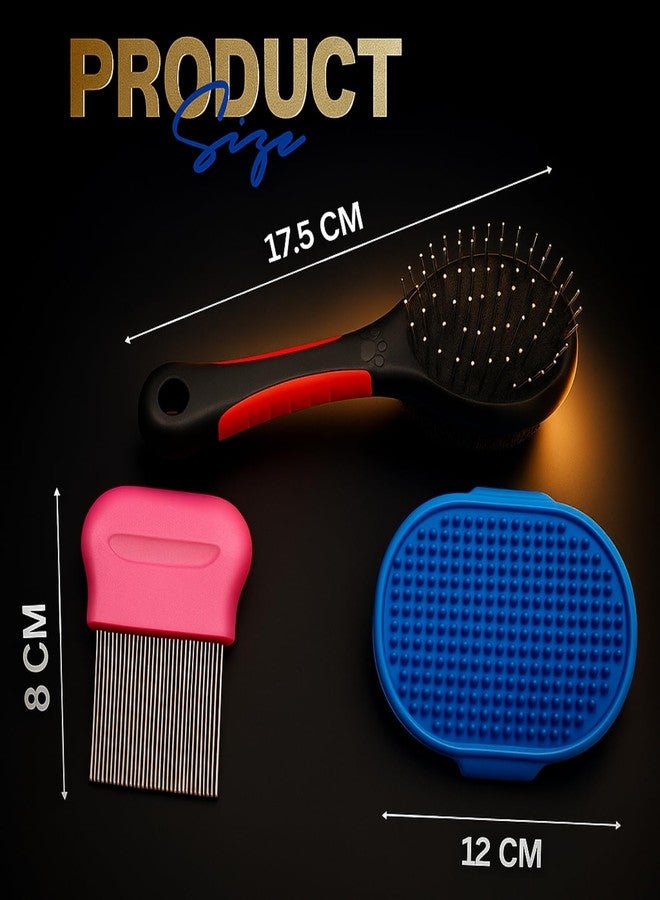 Wiggleboo 3-in-1 Pet Bathing Grooming Combo | Double Side Dog & Cat Brush + Palm Rubber Deshedding Comb for Massage | Tick, Flea & Lice | Long Metal Pin Flea Comb | Grooming Kit for All Pets (Random) - Image 3